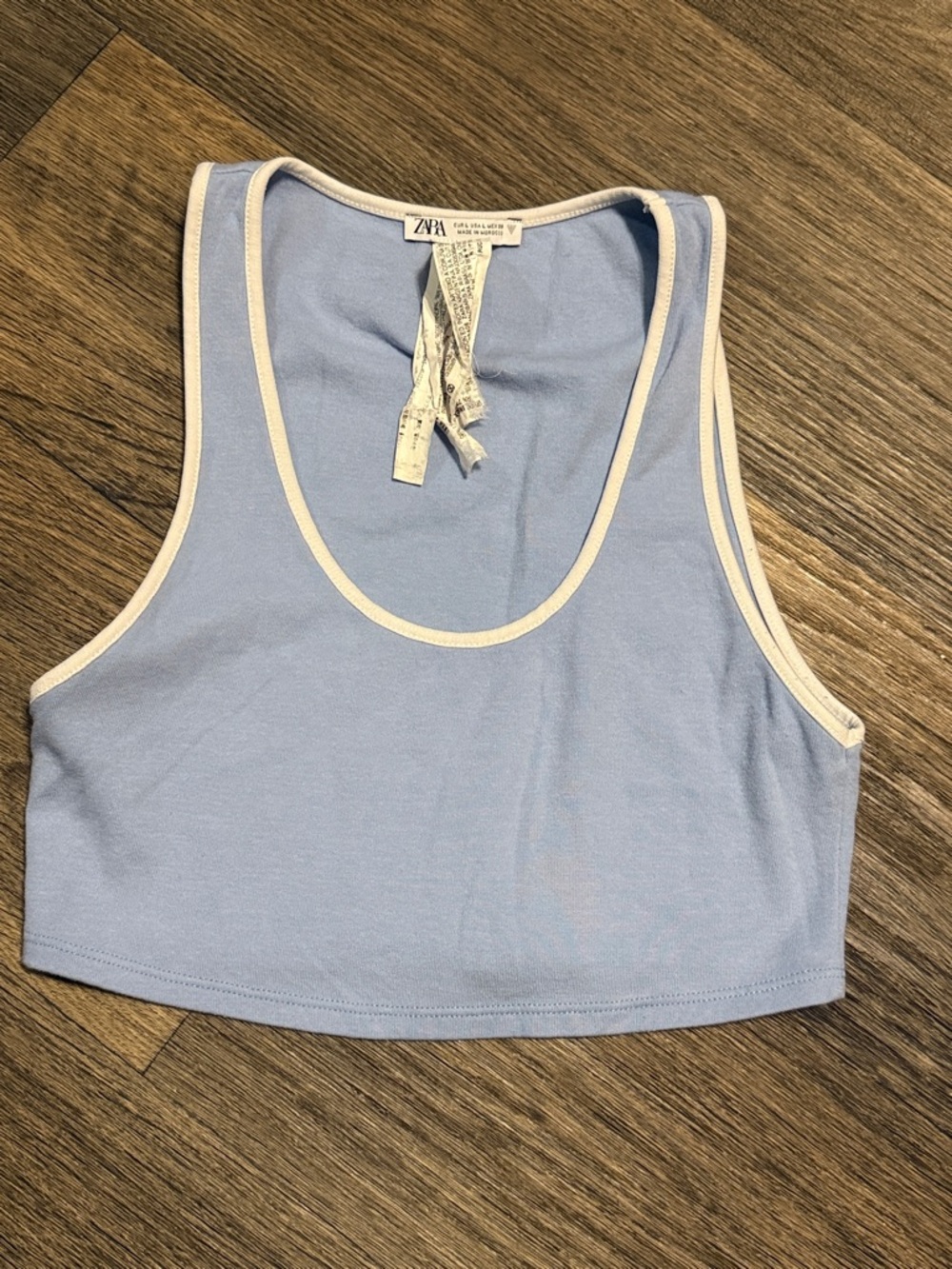 Zara Pale Blue Cropped Tank with White Trim